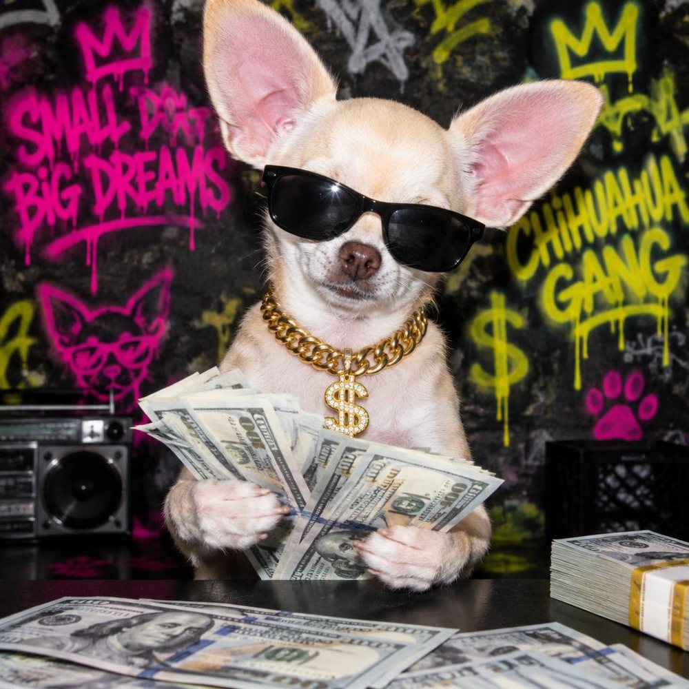 Joey counting stacks of cash in front of graffiti that reads Chihuahua Gang