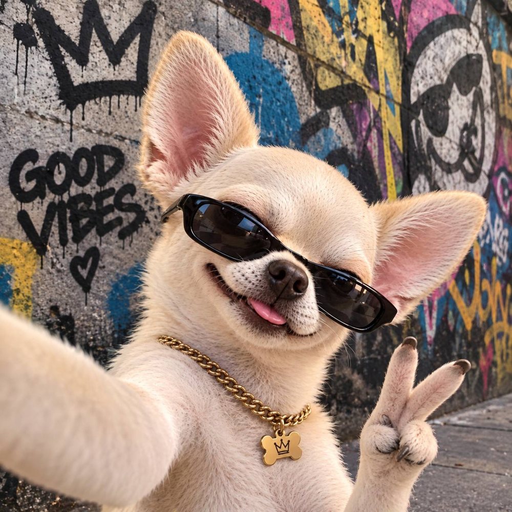 Joey the chihuahua taking a selfie in sunglasses and a gold chain